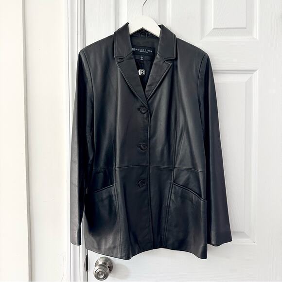Reaction Kenneth Cole Black Leather Vintage Y2K Button Up Blazer Jacket Large - Picture 1 of 16